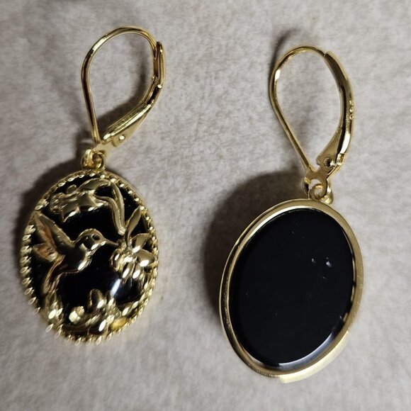 Neiman Marcus Gold-Plated Onyx Oval Hummingbird Dangle Leverback Earrings - Picture 1 of 4